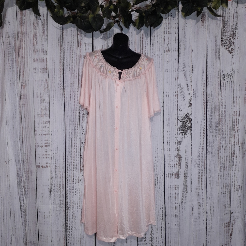 Vintage silky maxi nightgown w/ floral lace embroidery & buttons down the front